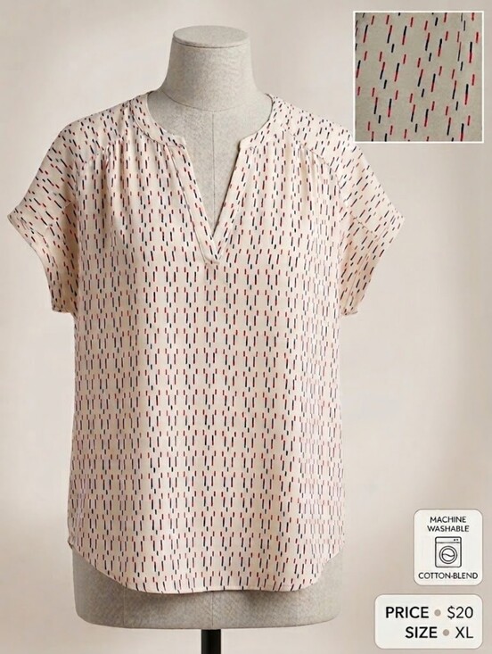Banana Republic Tops - Banana Republic Cream Short-Sleeve V-Neck Blouse with Red and Black Dash Print